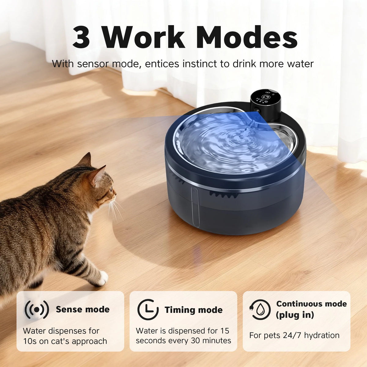 Fontaine à eau sans fil pour chat, base noire et bol d’eau avec chat buvant