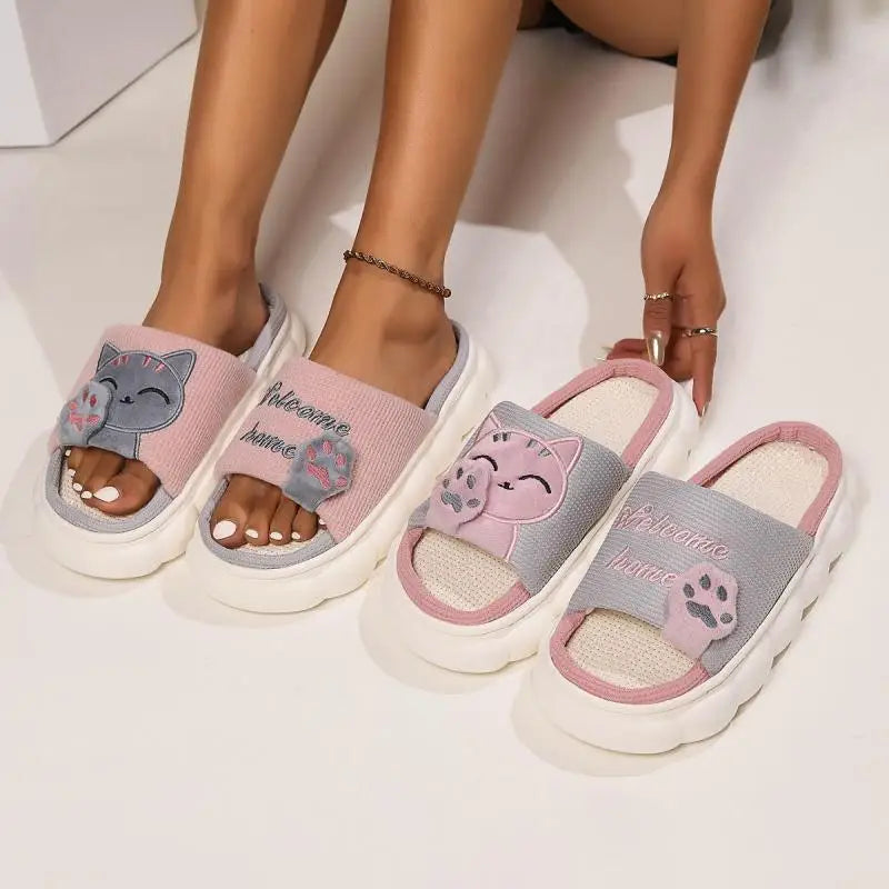 Chaussons Chat Mignon Femme — Pantoufles Plates Brodées Légères Été