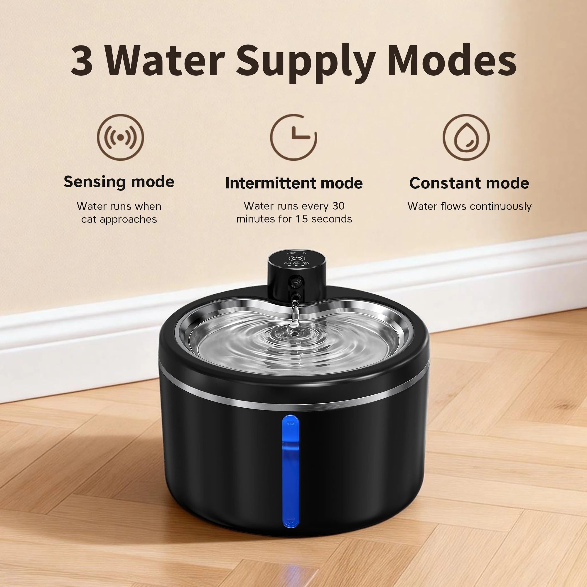 Fontaine à eau pour chat noire avec jet central et panneau supérieur, intérieur transparent