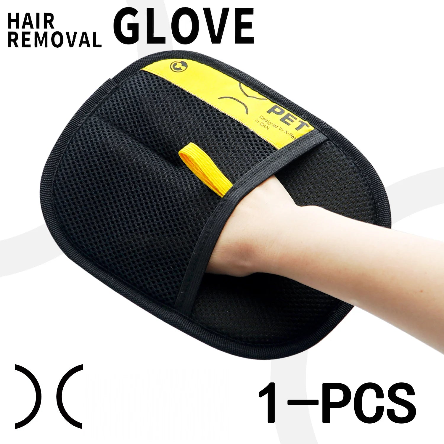 Gant anti-poils électrostatique noir et jaune, porté sur la main, pour chat et chien