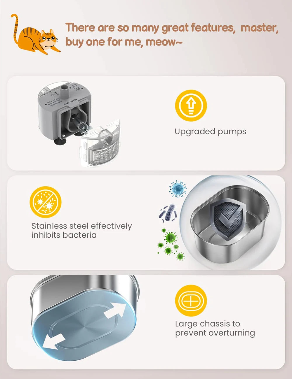 Fontaine à eau pour chat en acier inoxydable, vue des pompes et filtre