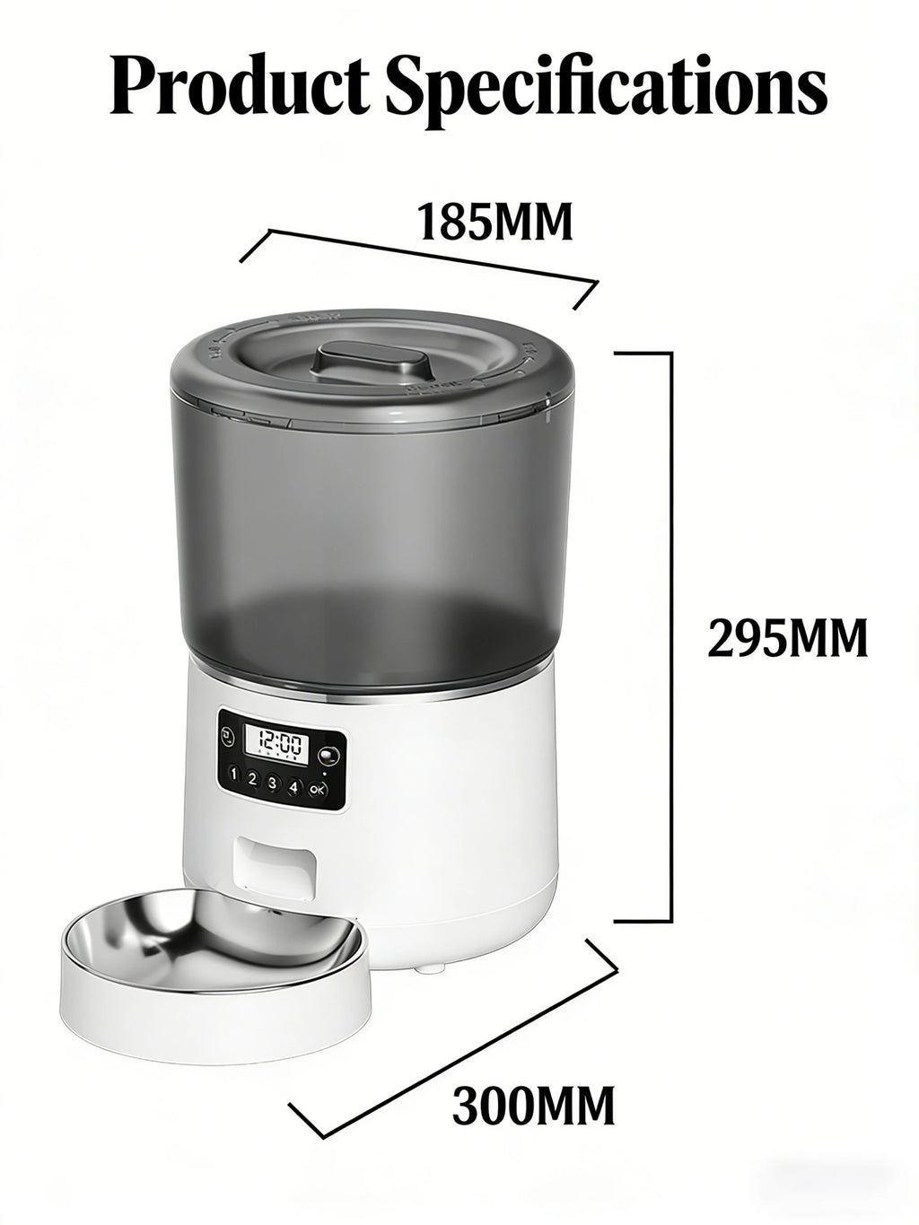 Distributeur automatique de croquettes 4L, dimensions indiquées 185 mm, 295 mm, 300 mm