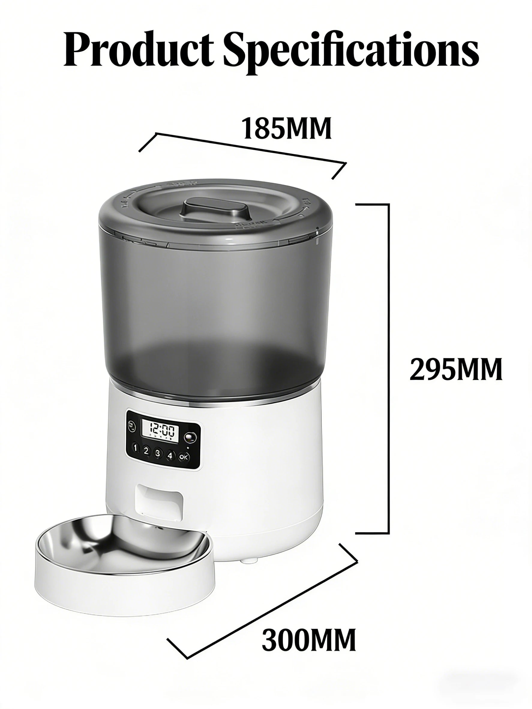 Distributeur automatique de croquettes 4L, dimensions indiquées 185 mm, 295 mm, 300 mm