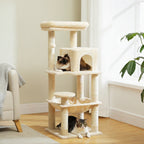 Arbre à chat beige avec grandes plateformes et cabane en tissu, corde à griffer