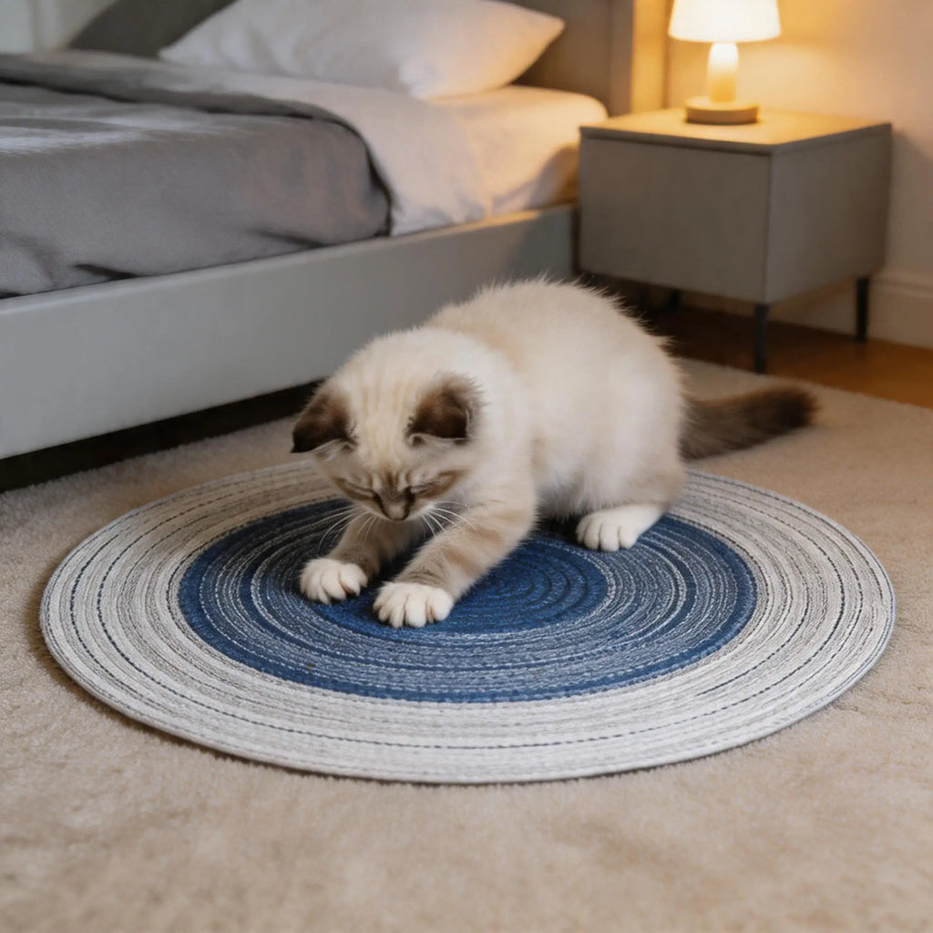 Tapis griffoir rond en coton de ramie bleu, avec un chat au repos dessus