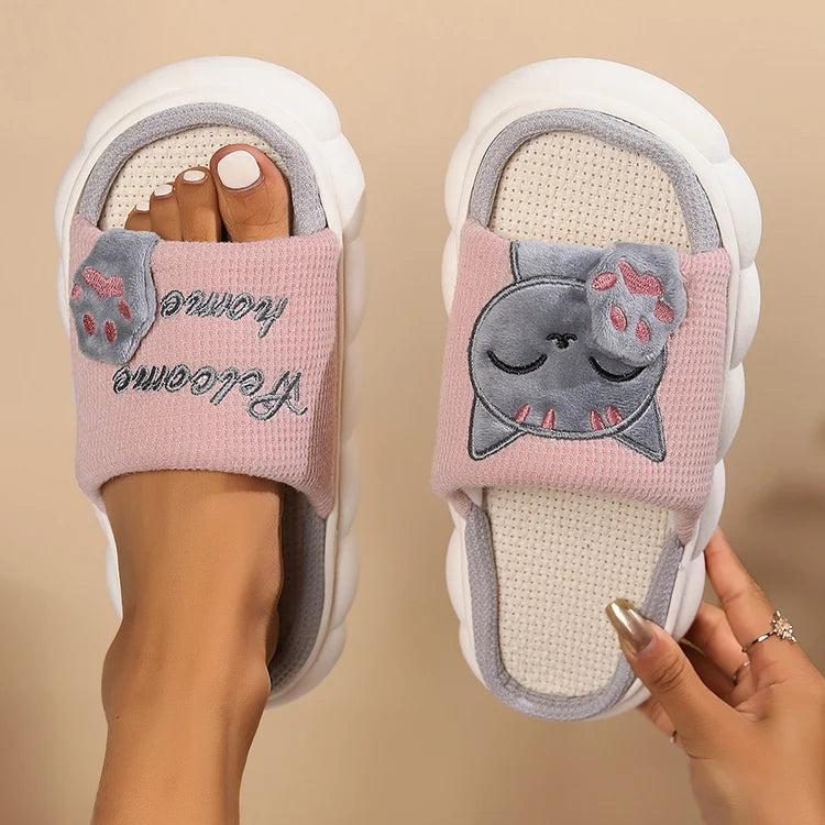 Chaussons Chat Mignon Femme — Pantoufles Plates Brodées Légères Été