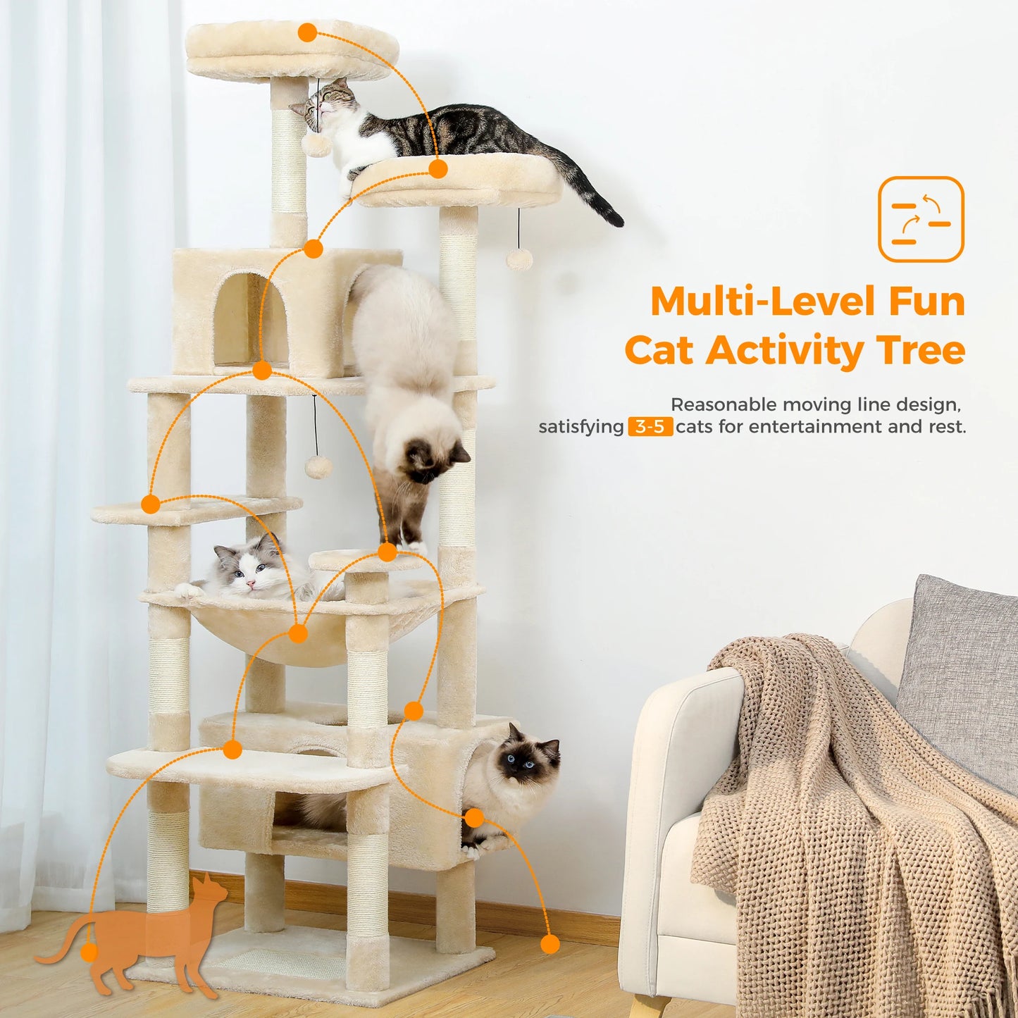 Hamac suspendu et plateformes confortables - arbre à chat luxe multi-niveaux"