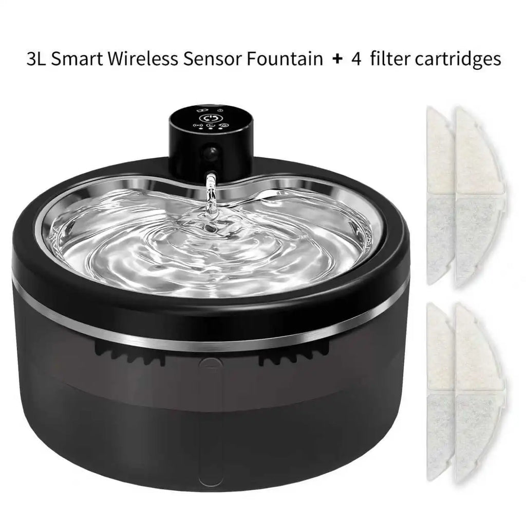 Fontaine à eau pour chat 3 L sans fil, base noire, 4 cartouches de filtre