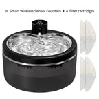 Fontaine à eau pour chat 3 L sans fil, base noire, 4 cartouches de filtre