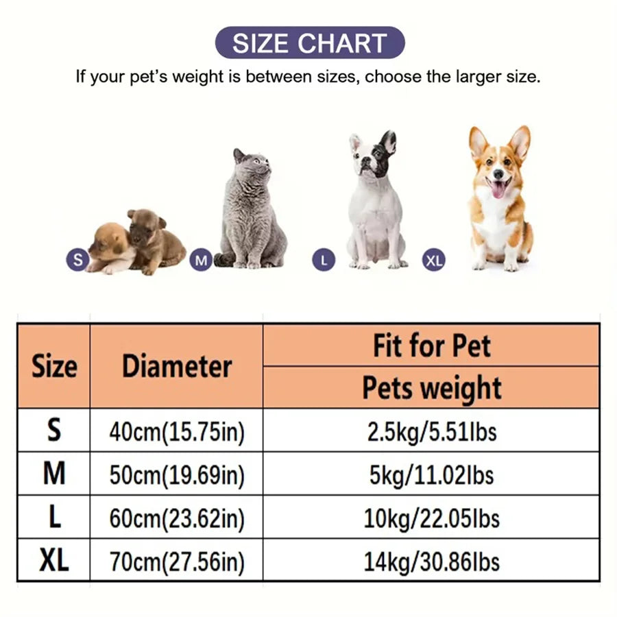 Détail des tailles en fonction des tailles des animaux Panier chat et chien en peluche douillet rond beige - vue de face