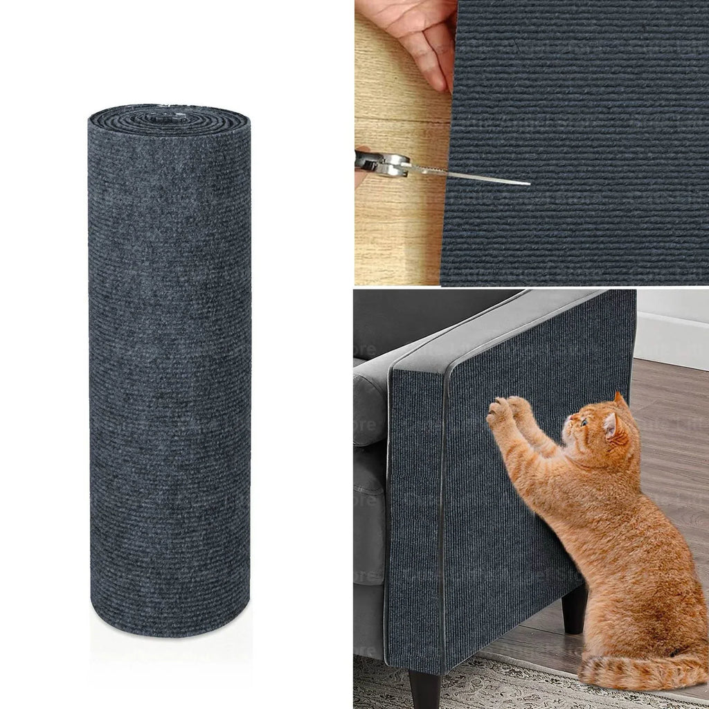 Tapis griffoir en sisal gris foncé en rouleau, et chat qui gratte sur le canapé.