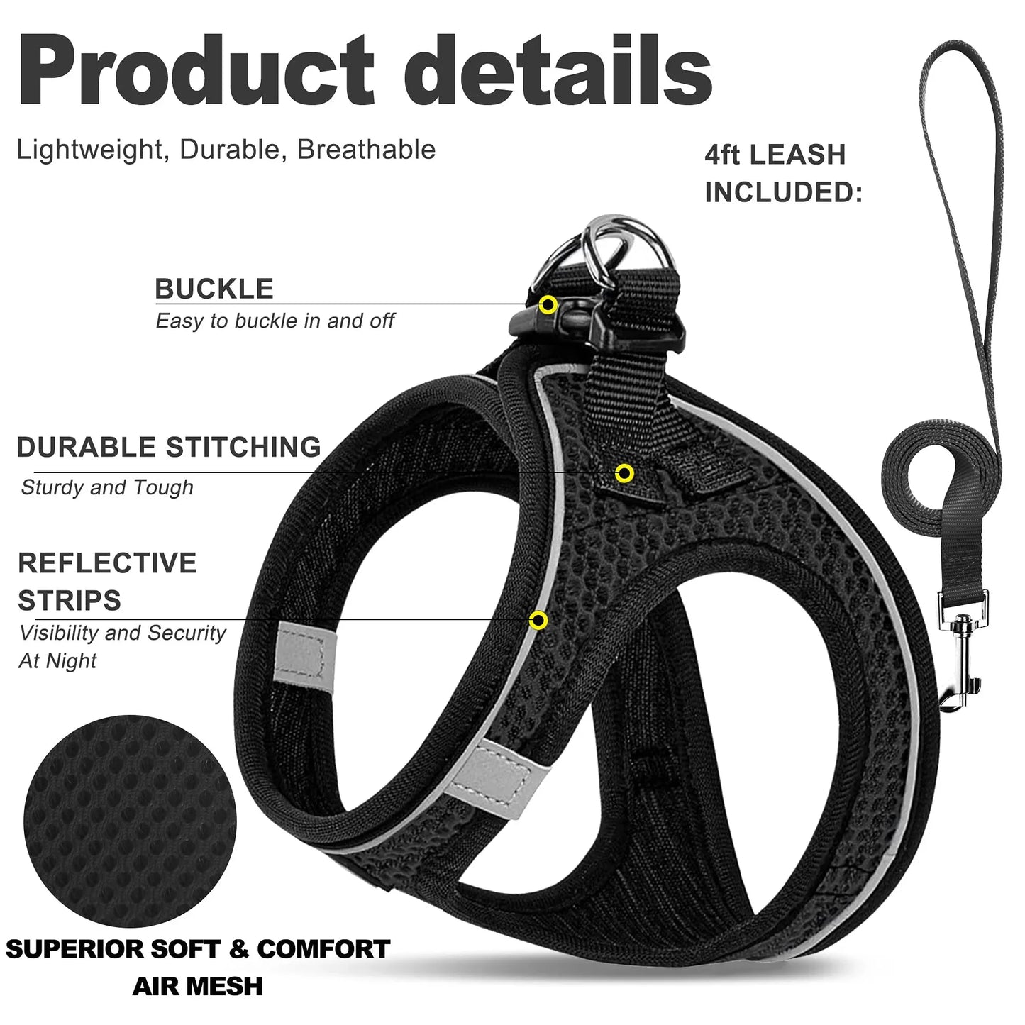 Cat & Small Dog Harness + Leash – Breathable Reflective Mesh XS/S/M