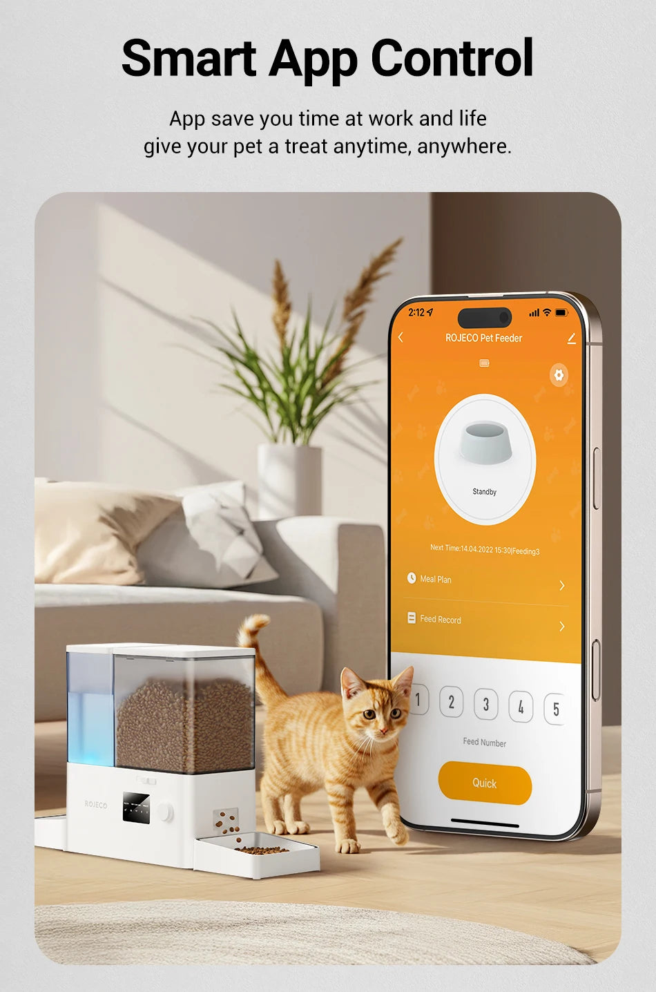 Distributeur automatique WiFi 2-en-1 blanc, contrôlé sur smartphone, compartiments visibles