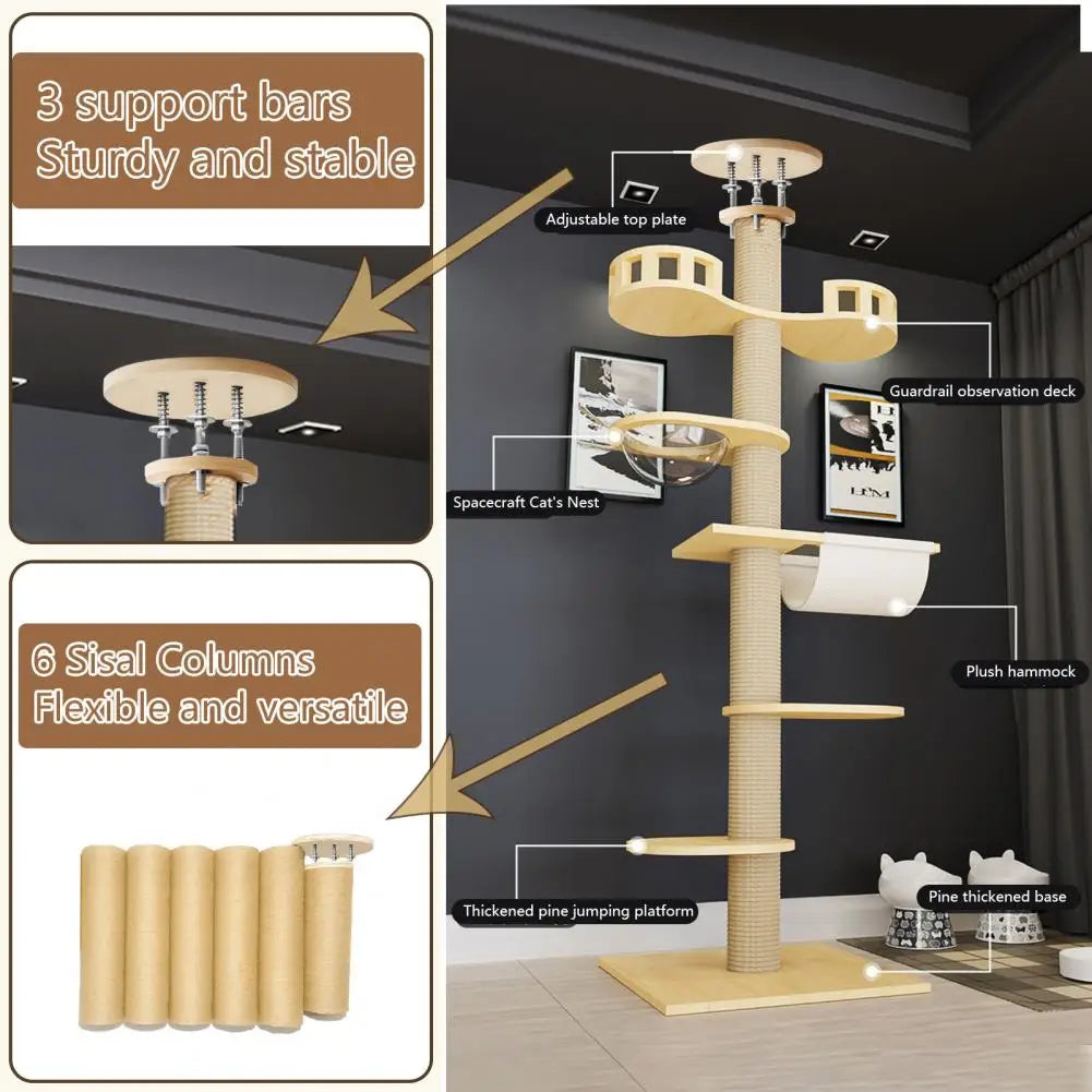 Arbre à Chat Sol Plafond Réglable 6 Niveaux – Griffoir Corde de Chanvre jusqu'à 3m