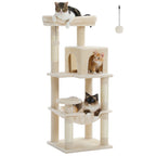 Arbre à chat beige à plusieurs niveaux, plateformes rondes et tunnel en tissu