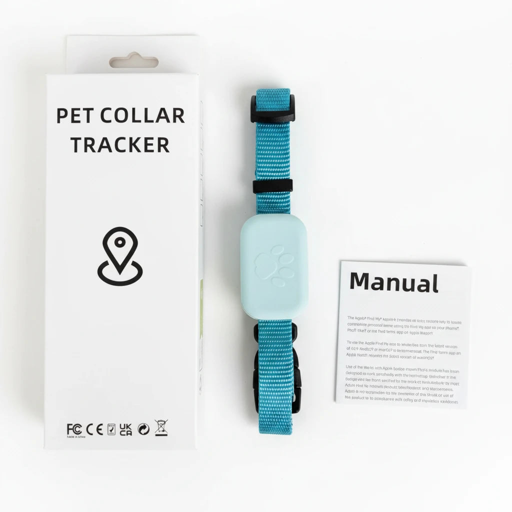Collier GPS pour animal : sangle bleu et boîtier suiveur bleu clair avec motif patte