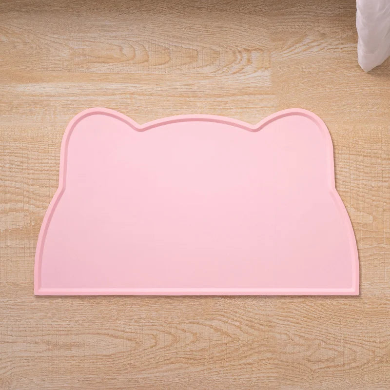 Tapis de repas en silicone rose pâle, bords relevés, forme tête de chat