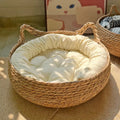 Corbeille ronde pour chat en rotin, coussin blanc rembourré avec bourrelet