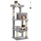Arbre à chat gris à plusieurs niveaux, plateforme supérieure et cabane en tissu