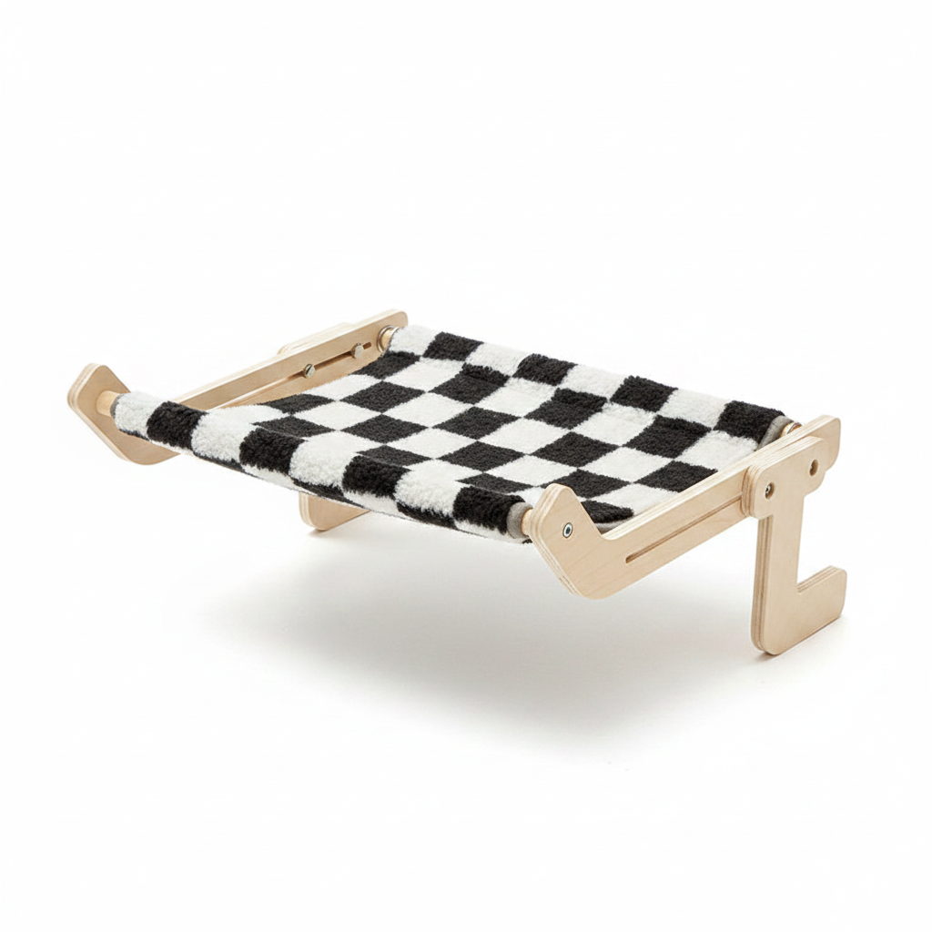 Nid suspendu pour chat en bois avec coussin à damier noir et blanc