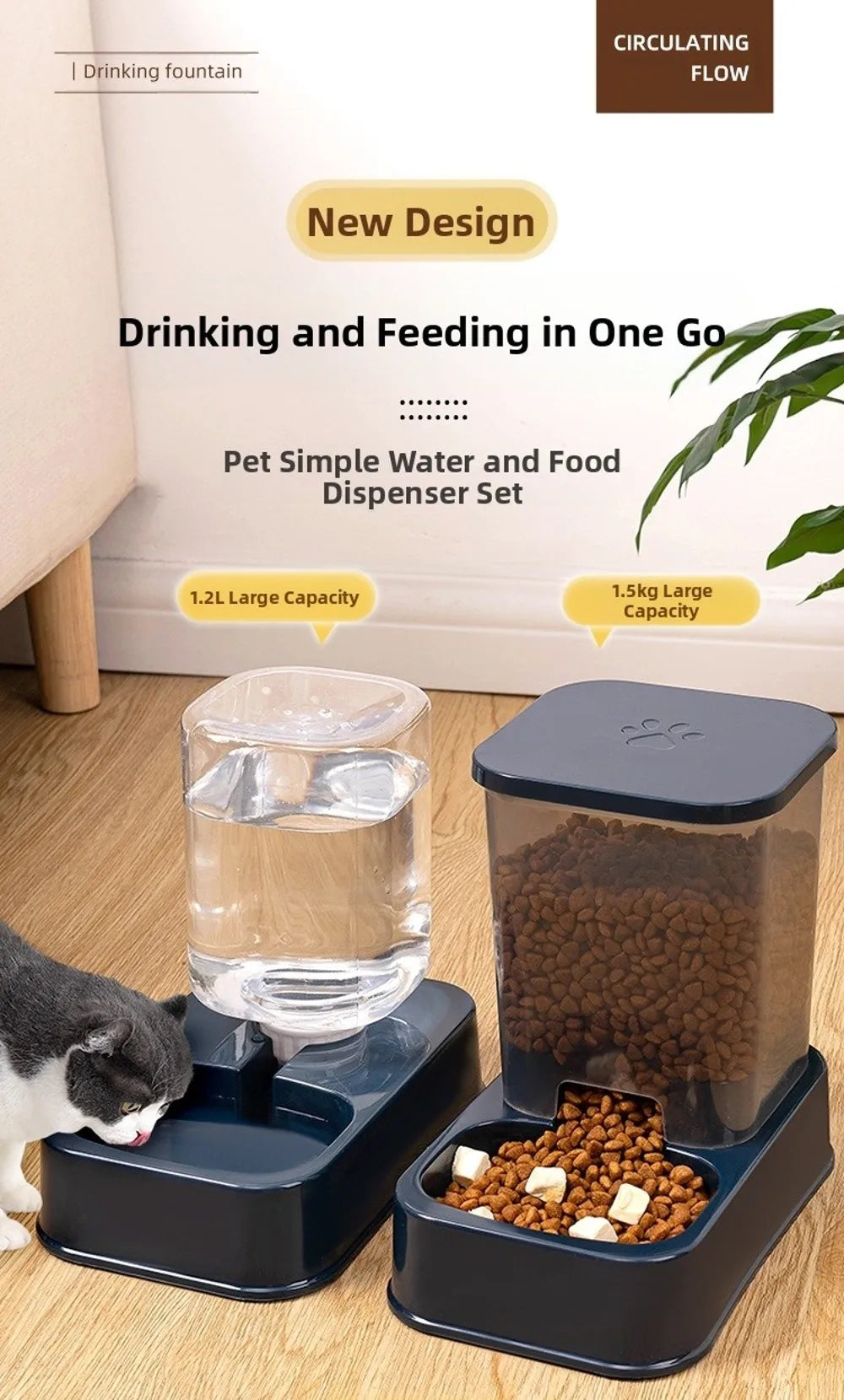 Distributeur Automatique de Nourriture pour Chat & Chien — 1,5L + Fontaine 1,2L
