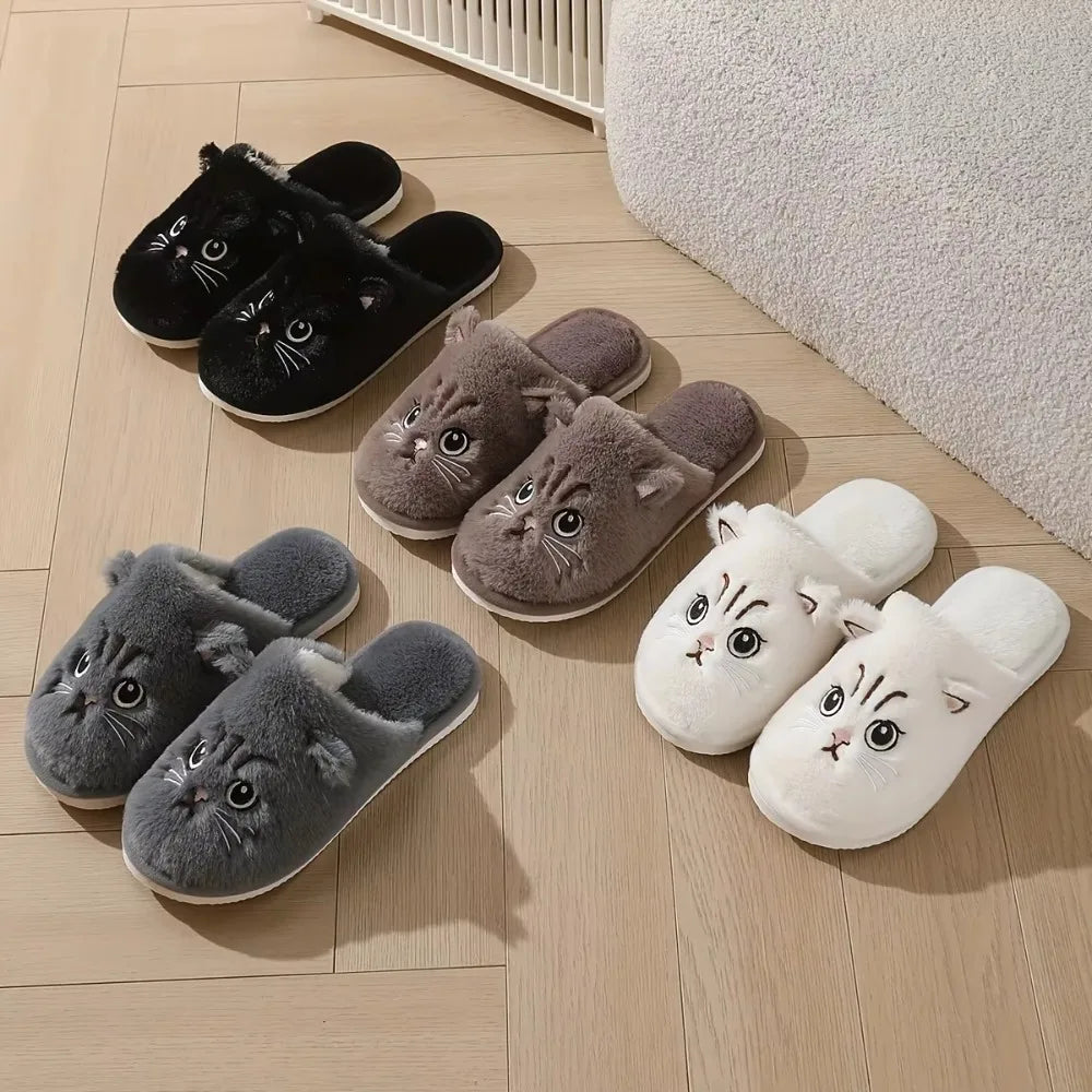 Chaussons Chat Peluche Femme - Pantoufles d'Hiver Chaudes Antidérapantes