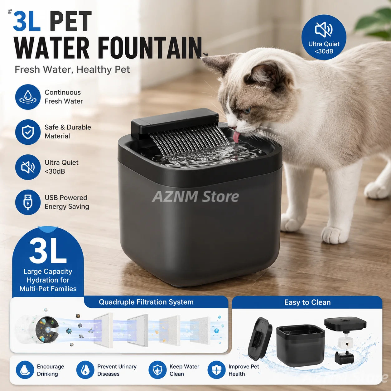 3L Cat Water Fountain – Silent, Filtering & USB