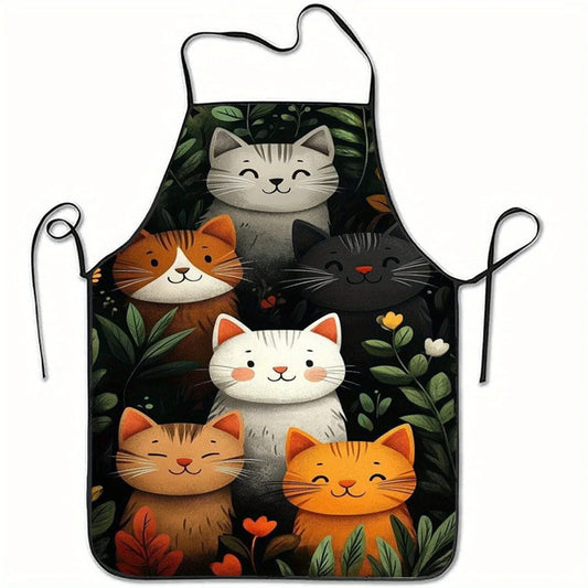 Tablier de Cuisine Motif Chats — Polyester Doux, Design Cartoon Cœurs & Étoiles