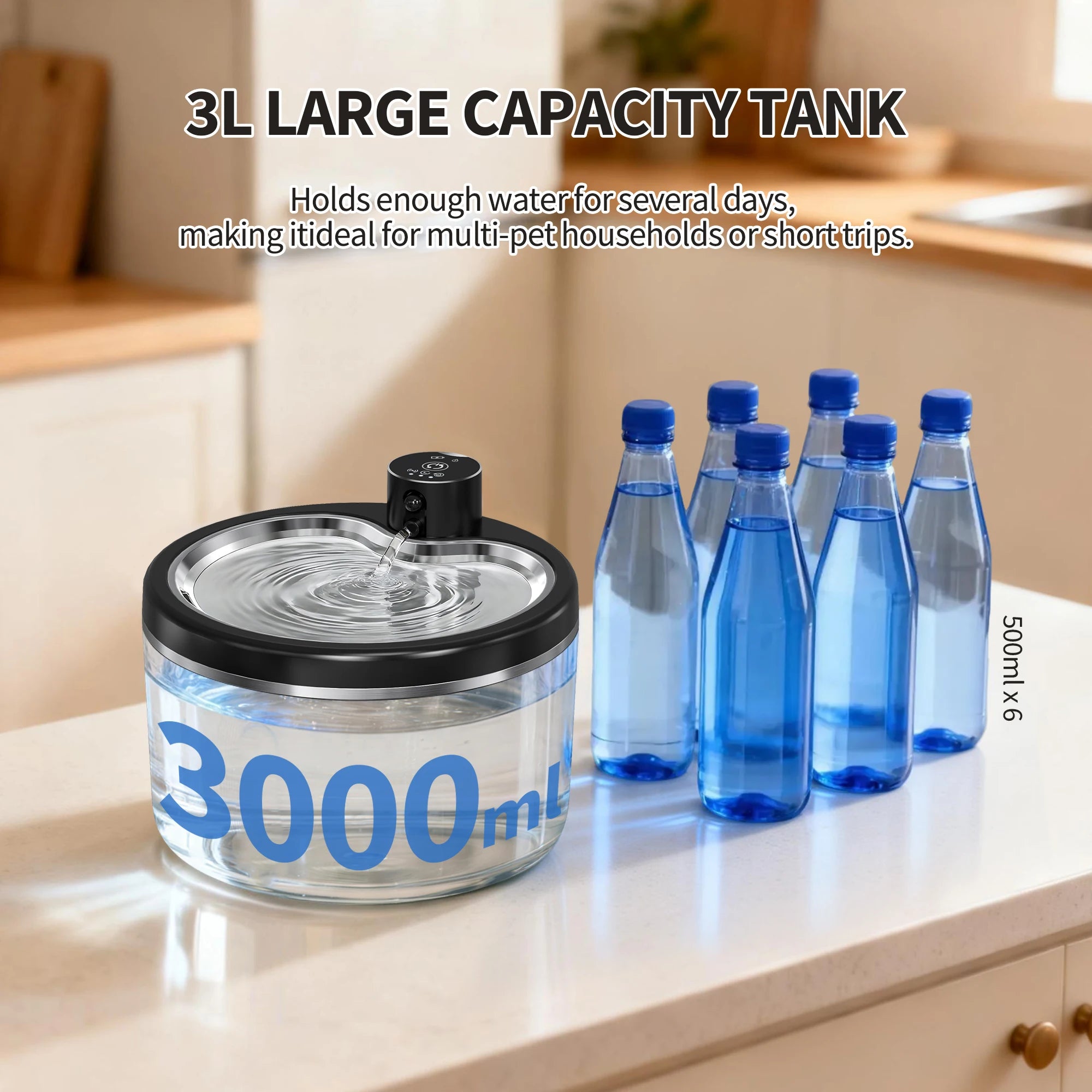 Fontaine à eau pour chat Labeka noire 3 L, grand réservoir transparent, témoin bleu