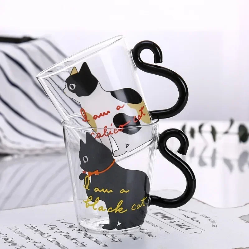 Mug en verre borosilicate transparent avec anse en forme de queue de chat, superposé 