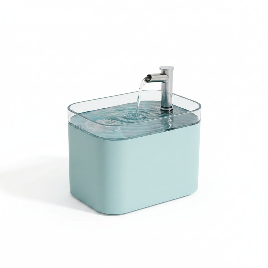 Fontaine à eau automatique chat et chien bleue avec bol transparent et jet continu.