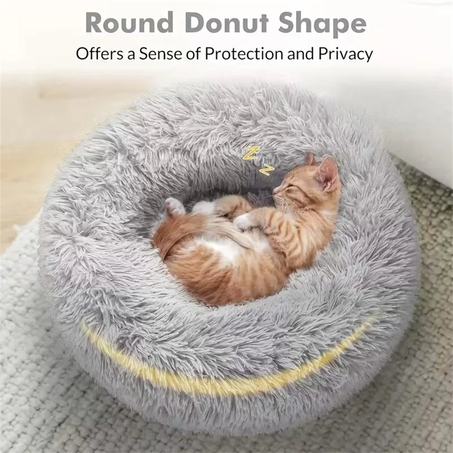 Panier chat et chien en peluche douillet rond gris vue de haut 
