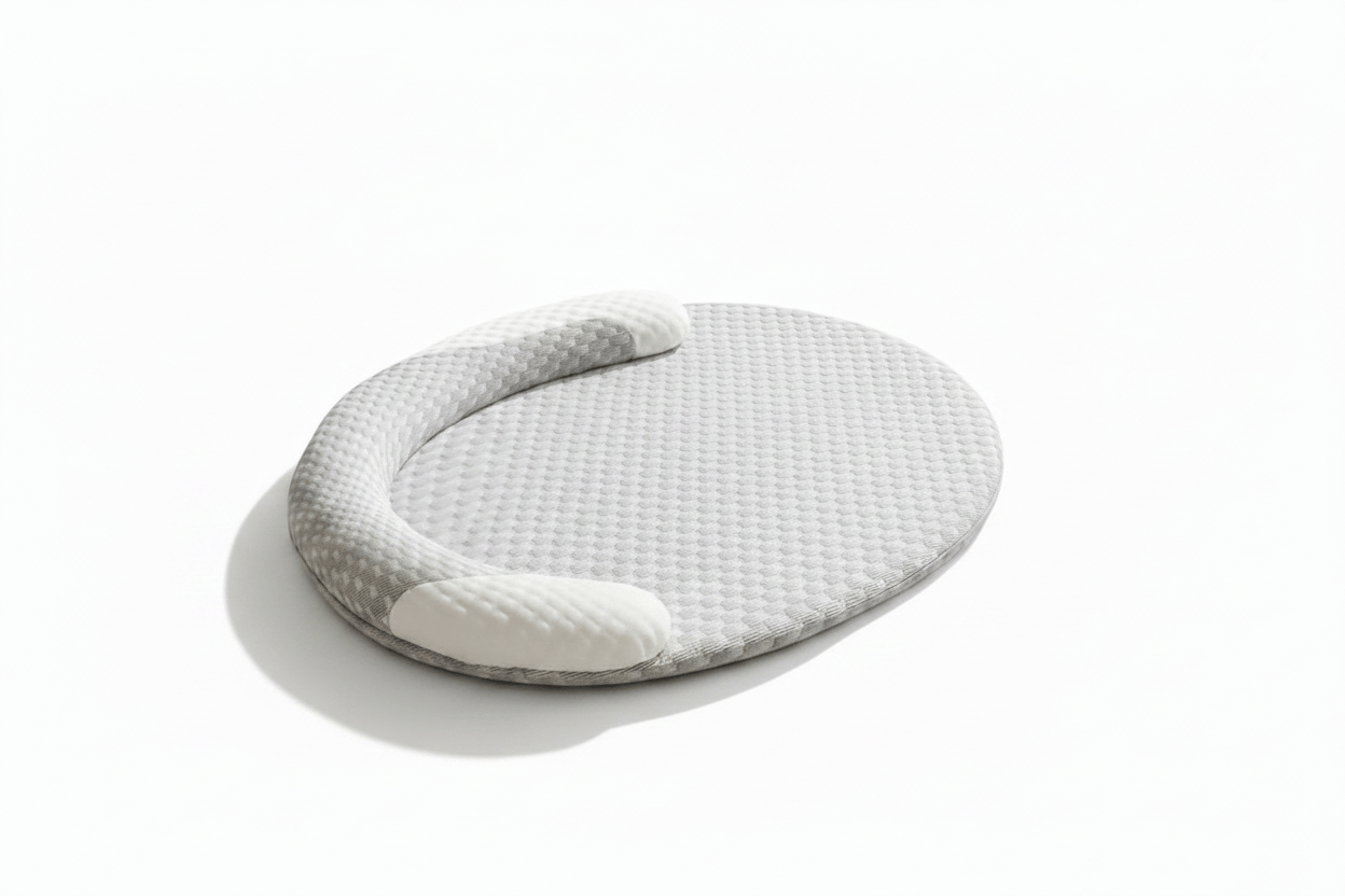 Coussin ovale gris clair pour animaux, cale-tête et rebord rembourré