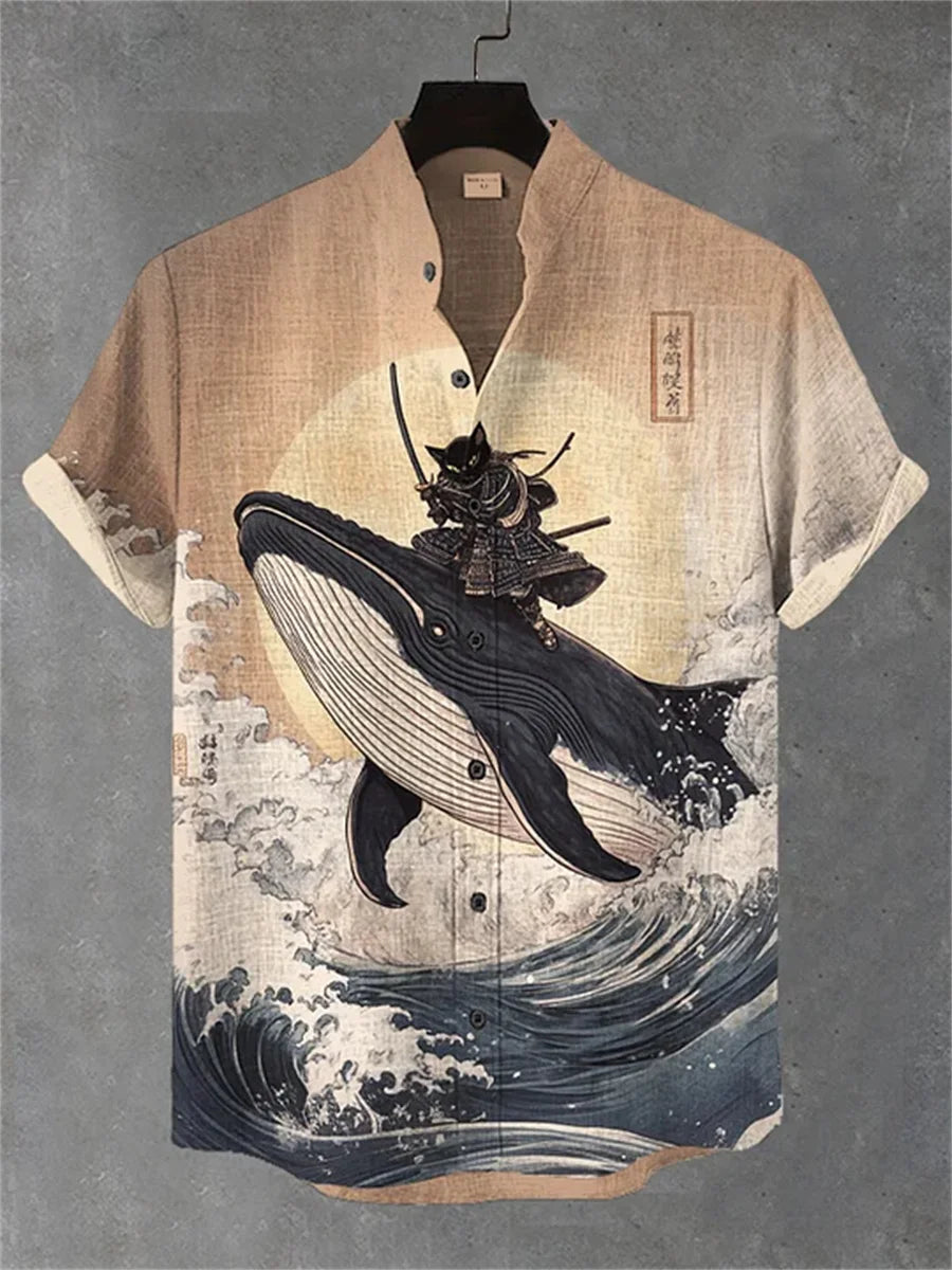 Chemise Hawaïenne Chat Homme — Imprimé Amusant, Col Montant, Style Décontracté
