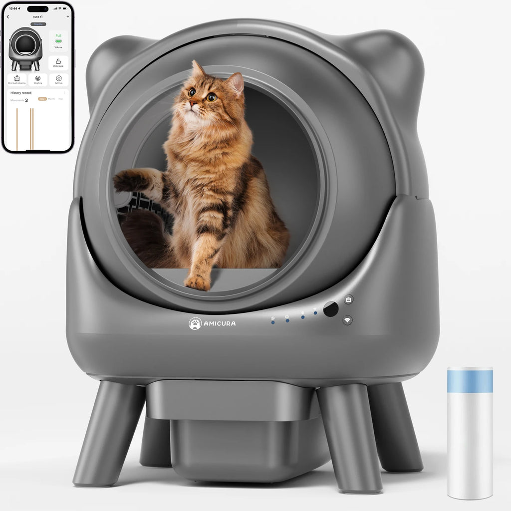 Litière automatique Cura X1 grise, ouverture circulaire avec chat à l’intérieur