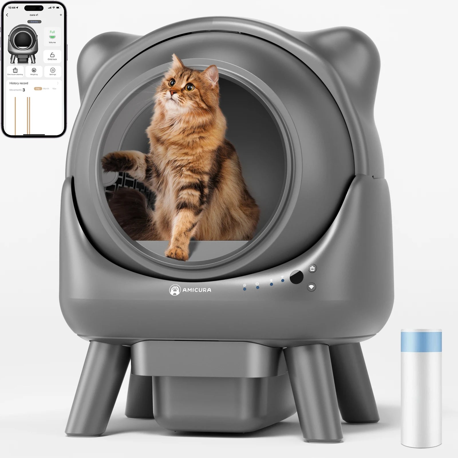 Litière automatique Cura X1 grise, ouverture circulaire avec chat à l’intérieur