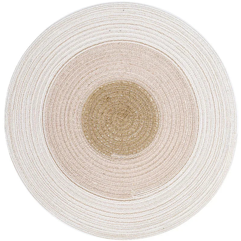 Tapis griffoir rond en coton de ramie, rayures concentriques blanc cassé et beige