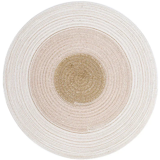 Tapis griffoir rond en coton de ramie, rayures concentriques blanc cassé et beige