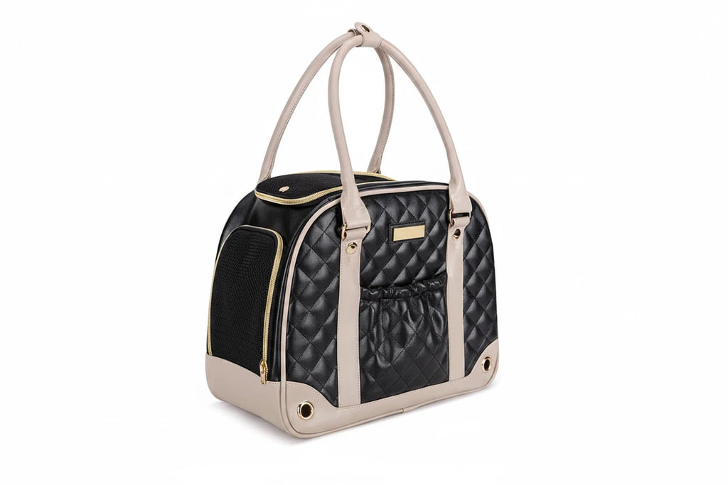 Sac de transport noir matelassé avec poches en maille, poignées blanches et fermeture zippée