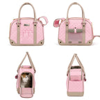 Sac de transport chat et chien rose matelassé, vues avec poignées et dragonne