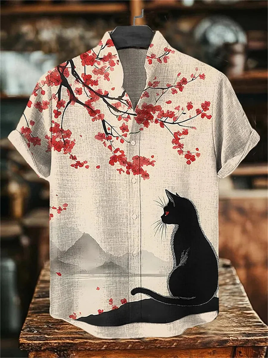 Chemise Hawaïenne Chat Homme — Imprimé Amusant, Col Montant, Style Décontracté