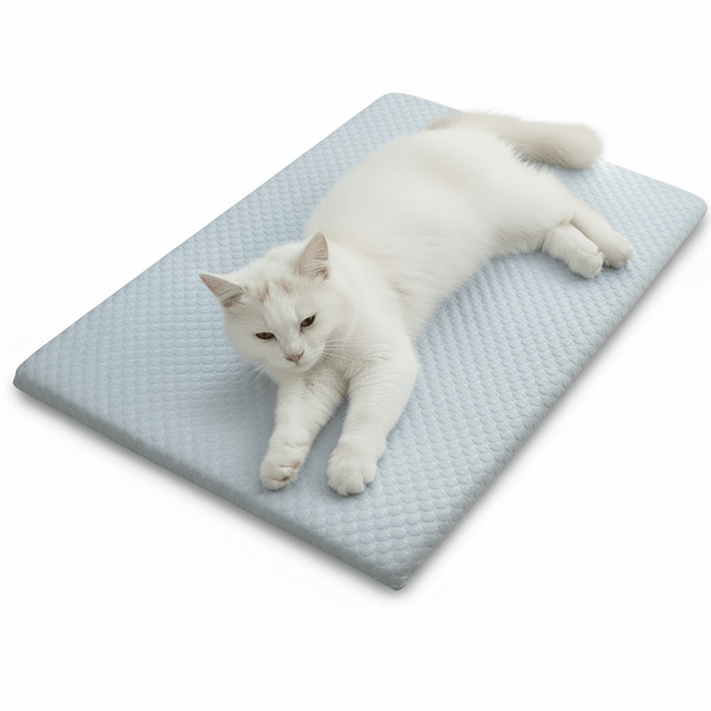 Tapis rafraîchissant bleu clair, chat blanc couché sur le tapis.