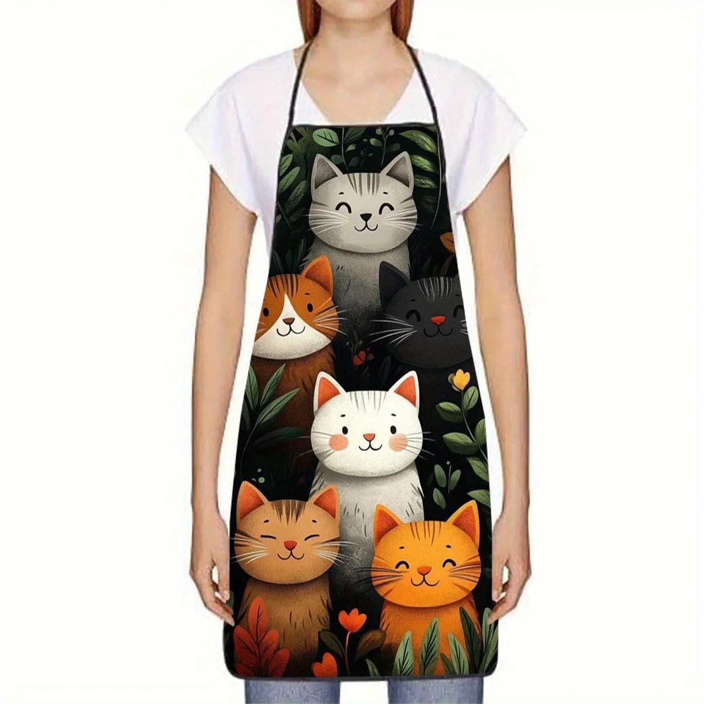 Tablier de Cuisine Motif Chats — Polyester Doux, Design Cartoon Cœurs & Étoiles