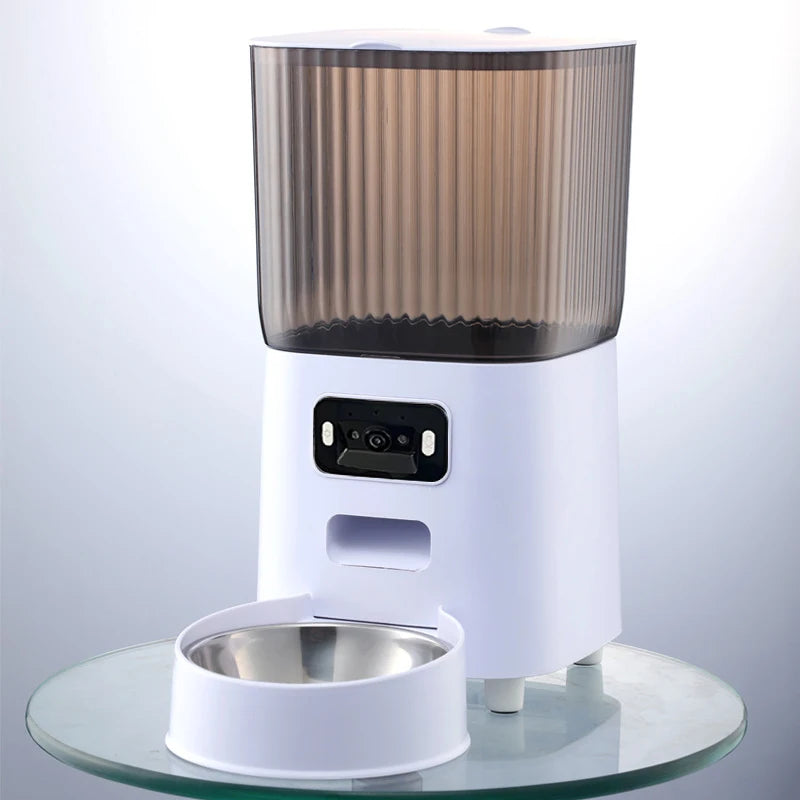 Distributeur automatique 5L blanc avec caméra intégrée et deux bols inox sur socle