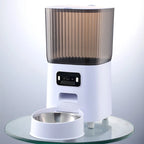 Distributeur automatique 5L blanc avec caméra intégrée et deux bols inox sur socle