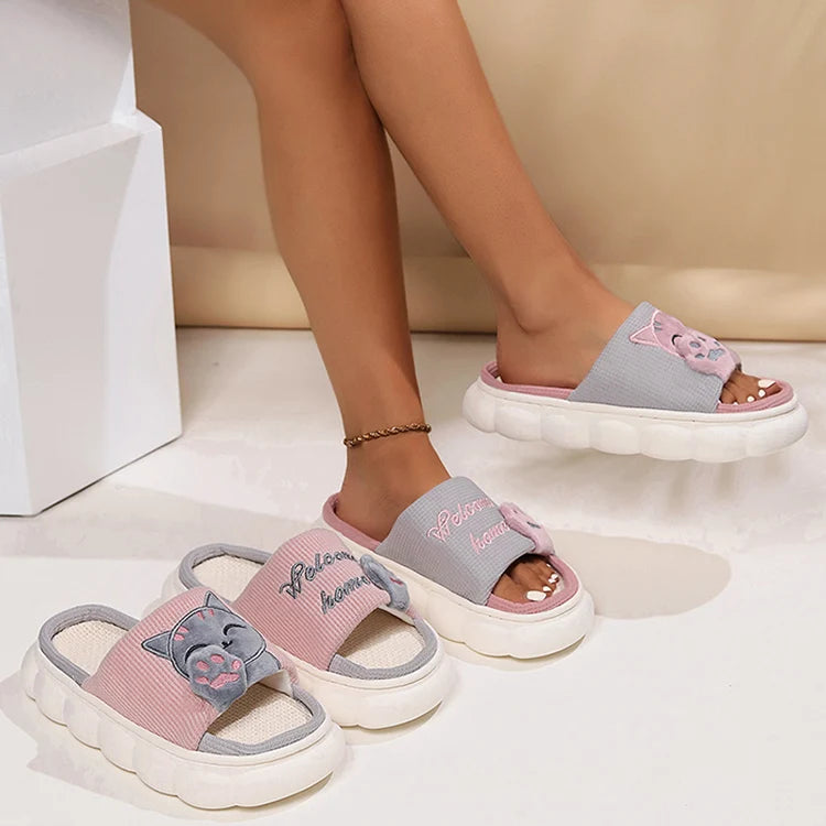 Chaussons Chat Mignon Femme — Pantoufles Plates Brodées Légères Été
