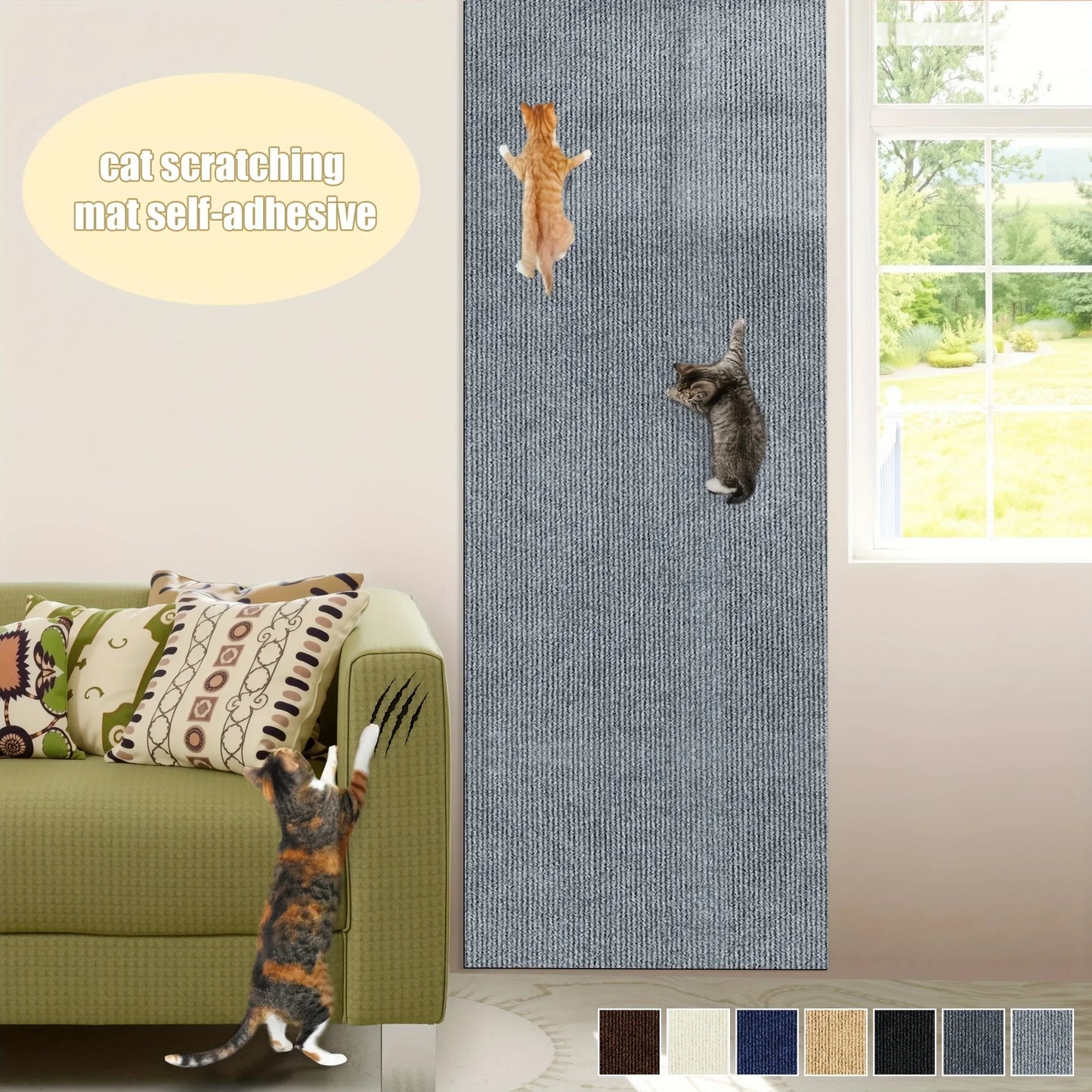 Tapis griffoir autocollant pour chat, bleu-gris, grand format mural