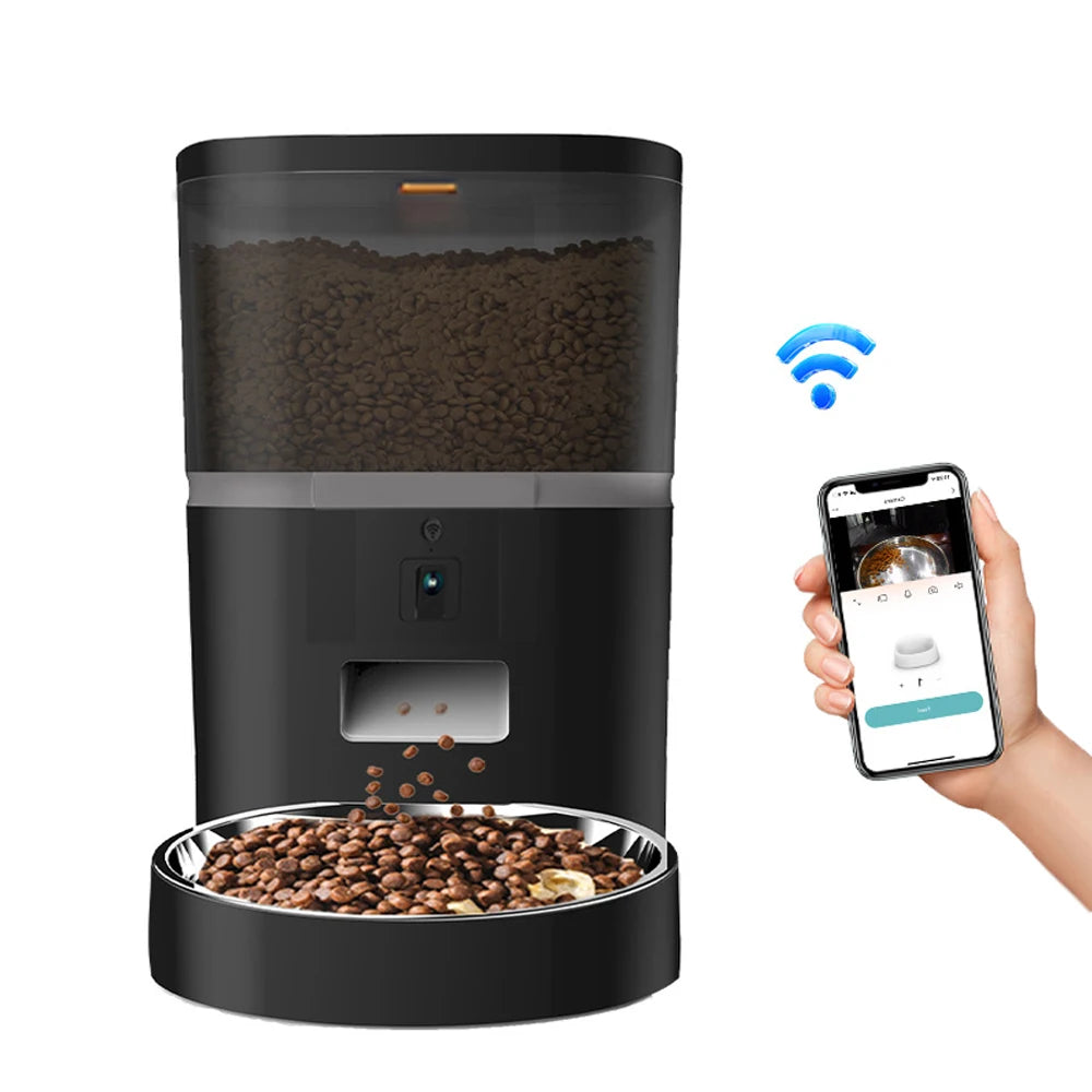 Distributeur automatique de croquettes 4L noir, réservoir transparent, commande via smartphone.