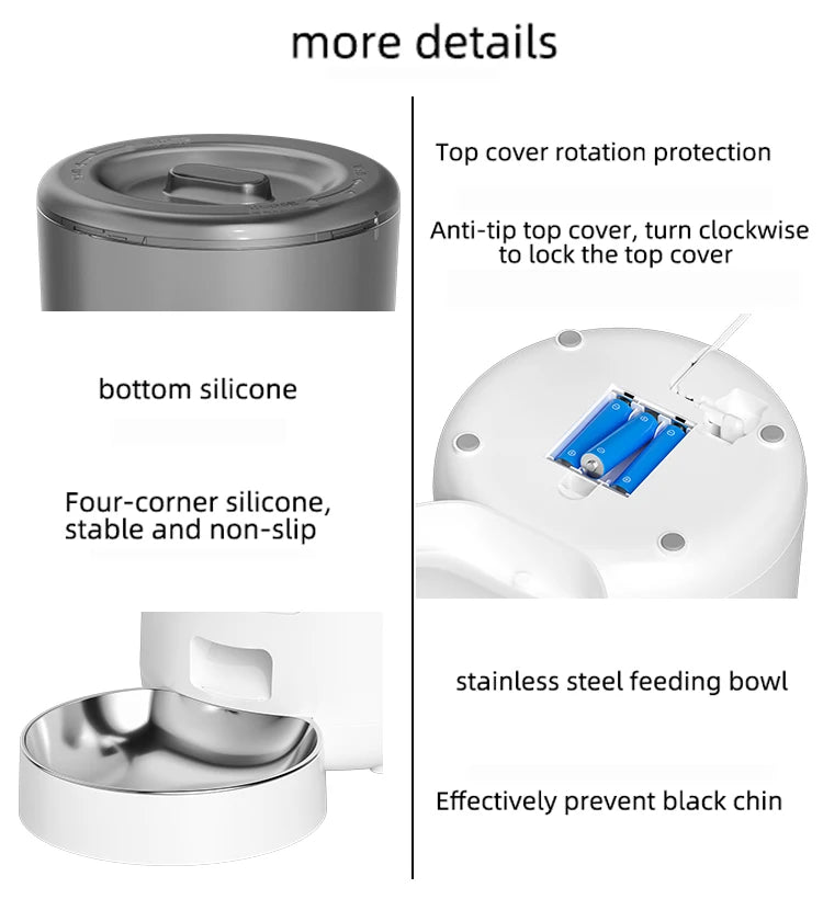 Distributeur automatique de croquettes 4L, détails : couvercle anti-retour et bol inox