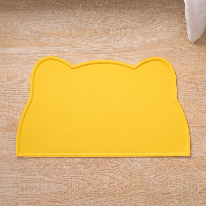 Tapis de repas en silicone jaune, bords relevés, forme tête de chat
